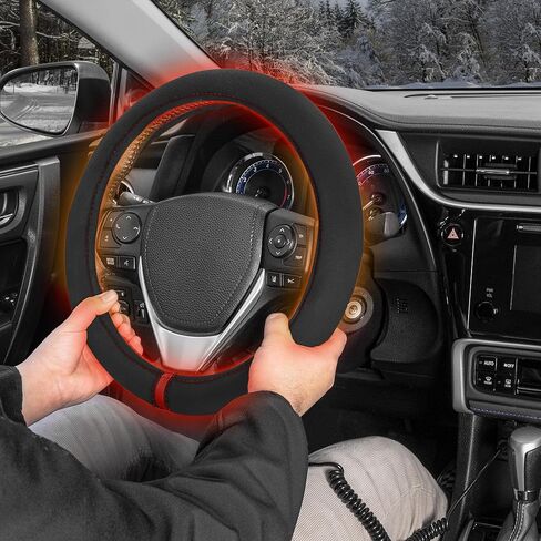 غطاء عجلة القيادة المسخن من Motor Trend WarmGrip - واقي عجلة القيادة لتدفئة اليد، يسخن بسرعة - يناسب العجلات 14.5-15.5 بوصة لسيارة شاحنة فان SUV (أسود/رمادي اللون) in Kuwait