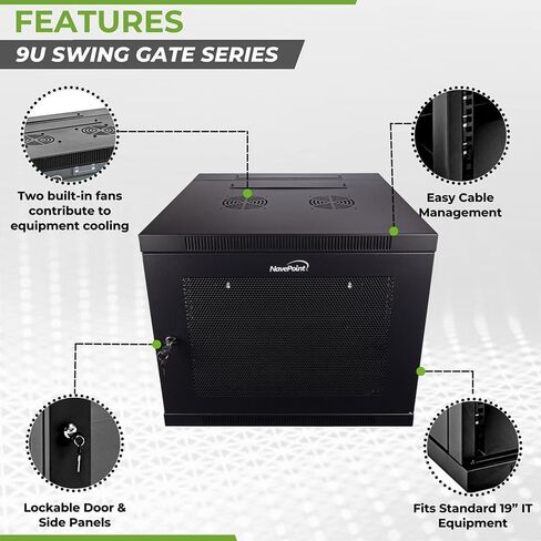 NavePoint 9U Server Cabinet with Hinged Back - 17.7" Deep, 9U Server Rack Enclosure with Locking Perforated Door, Wall Mount Rack with Removable Side Panels, 9U Network Cabinet, Pre-Assembled in Saudi Arabia