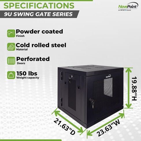 NavePoint 9U Server Cabinet with Hinged Back - 17.7" Deep, 9U Server Rack Enclosure with Locking Perforated Door, Wall Mount Rack with Removable Side Panels, 9U Network Cabinet, Pre-Assembled in Saudi Arabia