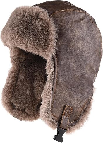 Peicees Trapper Hat for Men Women Winter Leather Fur Hat with Ear Flaps Warmer Waterproof Russian Ushanka for Cold Weather in Kuwait