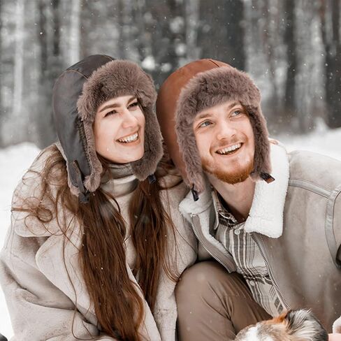 Peicees Trapper Hat for Men Women Winter Leather Fur Hat with Ear Flaps Warmer Waterproof Russian Ushanka for Cold Weather in Kuwait
