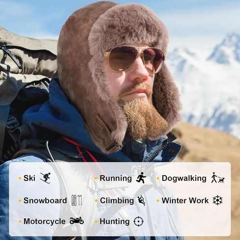Peicees Trapper Hat for Men Women Winter Leather Fur Hat with Ear Flaps Warmer Waterproof Russian Ushanka for Cold Weather in Kuwait