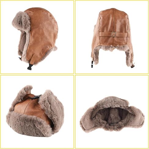 Peicees Trapper Hat for Men Women Winter Leather Fur Hat with Ear Flaps Warmer Waterproof Russian Ushanka for Cold Weather in Kuwait