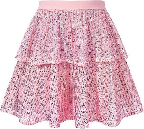 Girls Sequin Skirt Sparkle Pleated Party Skirt Elastic Waist 2-Layer Ruffle Skirt Kids Teen Shiny Dance Outfits 6-14Y in Saudi Arabia