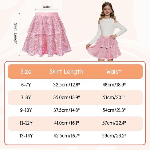 Girls Sequin Skirt Sparkle Pleated Party Skirt Elastic Waist 2-Layer Ruffle Skirt Kids Teen Shiny Dance Outfits 6-14Y in Saudi Arabia