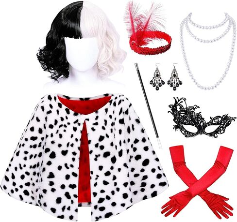 Akokvlar Halloween Costumes for Women Dalmatian Shawl with Gloves Wigs Mask Earrings Headband Set in Saudi Arabia