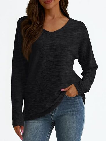 AUTOMET Women's Long Sleeve Oversized Tshirts V Neck 2024 Cotton Sweater Tops Lightweight Business Casual Basic Tees in Saudi Arabia