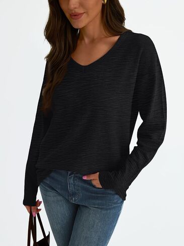 AUTOMET Women's Long Sleeve Oversized Tshirts V Neck 2024 Cotton Sweater Tops Lightweight Business Casual Basic Tees in Saudi Arabia