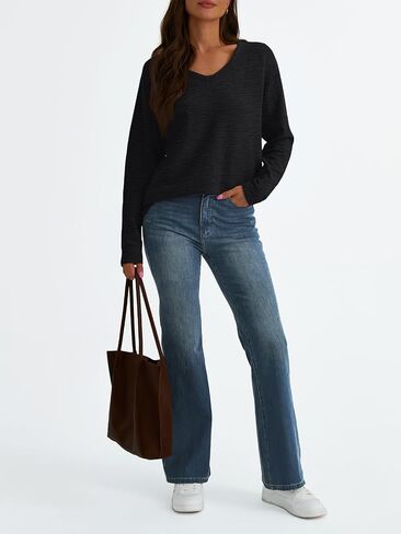 AUTOMET Women's Long Sleeve Oversized Tshirts V Neck 2024 Cotton Sweater Tops Lightweight Business Casual Basic Tees in Saudi Arabia