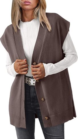LILLUSORY Women V Neck Sweater Vest Oversized Long Cardigan Casual Vest Tops 2024 Trendy in Kuwait