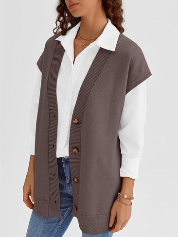 LILLUSORY Women V Neck Sweater Vest Oversized Long Cardigan Casual Vest Tops 2024 Trendy in Kuwait
