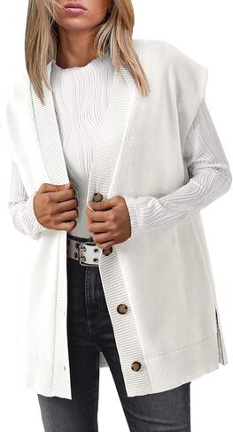 LILLUSORY Women V Neck Sweater Vest Oversized Long Cardigan Casual Vest Tops 2024 Trendy in Kuwait