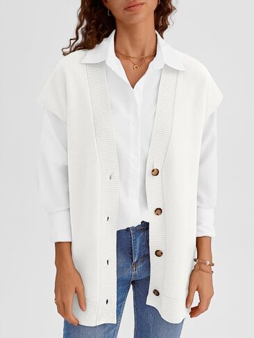 LILLUSORY Women V Neck Sweater Vest Oversized Long Cardigan Casual Vest Tops 2024 Trendy in Kuwait