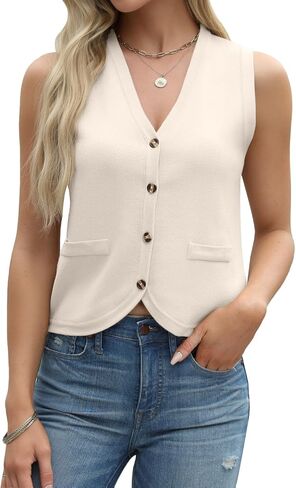 Tanou Sweater Vest for Women Casual Sleeveless Button Up V Neck Cardigan Summer Knit Ribbed Tank Tops in Saudi Arabia