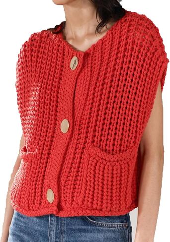 XZG Women's Sleeveless Knit Sweater Vest Trendy Button Down Crochet Crop Tops Chunky Knit Cardigan Vest Top with 2 Pockets in Saudi Arabia