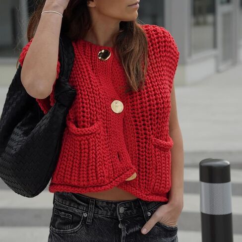 XZG Women's Sleeveless Knit Sweater Vest Trendy Button Down Crochet Crop Tops Chunky Knit Cardigan Vest Top with 2 Pockets in Saudi Arabia