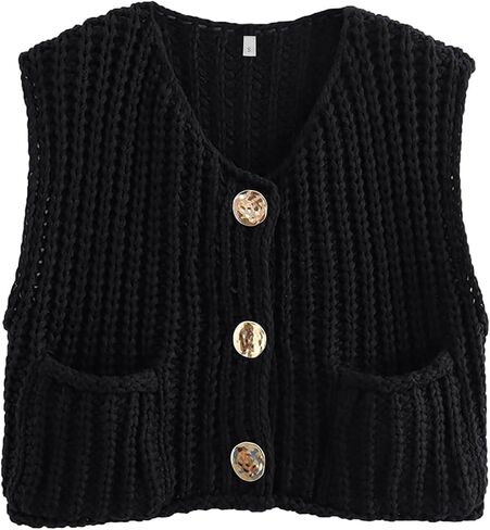Arssm Women Button Down Chunky Sweater Vest Sleeveless Crop Knit Cardigan Cropped Knitted Sweater Vest in Saudi Arabia