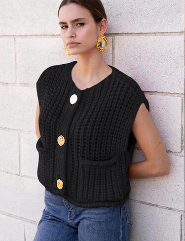 Arssm Women Button Down Chunky Sweater Vest Sleeveless Crop Knit Cardigan Cropped Knitted Sweater Vest in Saudi Arabia