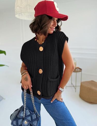 Arssm Women Button Down Chunky Sweater Vest Sleeveless Crop Knit Cardigan Cropped Knitted Sweater Vest in Saudi Arabia