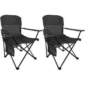 Beach Camp Cup Holder, Storage Pocket, Waterproof Bag Outdoor Arm Chair, Supports 225LBS, Black