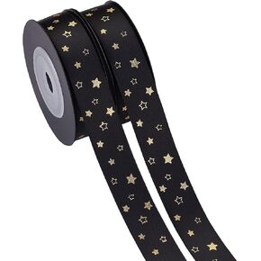 Pandahall 2 Roll 20 Yards Star Printed Satin Ribbon 5/8"Wide Black Decorative Ribbon with Gold Foil for Gift Wrapping Handmade Craft Party Wedding Decoration