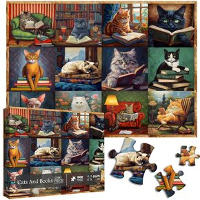 PICKFORU Vintage Cat Puzzles for Adults 1000 Pieces and up, Funny Puzzles Collection Cat Books, Retro Animal Puzzle for Cat Lovers
