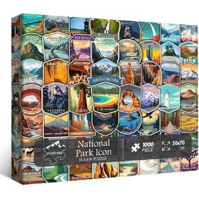 PICKFORU National Parks Puzzles for Adults 1000 Pieces and up, National Parks Stickers Puzzle Collects Yellowstone Yosemite Zion Glacier, National Park Poster Jigsaw Puzzles as Home Decor
