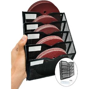 5-Tier Wall Mount All Metal 5 Inch 6 Inch Sandpaper Organizer, Hanging Sandpaper Storage Rack Holder Fit for 5" 6" Sanding Discs, Woodworking Tool Box Accessories(Excluding Sandpaper), Black