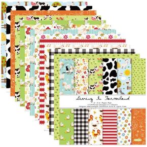 Scrapbook Paper Pad, 6x6-inches Farm Animal Theme Origami Spring Pattern Cardstock Pack, Decoupage One-Side Color for Party Gift Craft Scrapbooking Kit, Collection Album Decoration - 12 Design