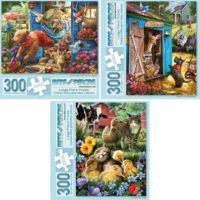 Bits and Pieces - 300 Piece Jigsaw Puzzles for Adults - Value Set of Three (3) - Large Piece 300 pc Jigsaws Designed by Artist Larry Jones - 18" x 24"
