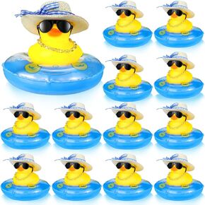 Summer Rubber Duck Mini Yellow Duck Bath Toys Duckies Car Dashboard Decorations with Mini Sun Hat Swim Ring Necklace and Sunglasses for Bathtub Shower Birthday Swimming (12 Set )