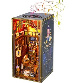 مجموعة زوايا الكتب DIY، كتيب كتب ألغاز خشبي ثلاثي الأبعاد، ديكور رف كتب لبيت الدمى، مجموعة إبداع بناء نموذج نهايات الكتب مع أثاث وإضاءة LED لديكور مكتب المنزل (مكتبة)