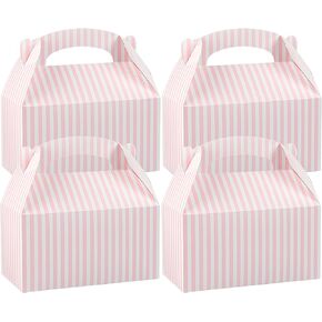 Bio Tek 9.5 x 5 x 5 Inch Gable Boxes For Party Favor, 25 Durable Striped Gift Boxes - Clear Window, Built-In Handle, Pink And White Paper Barn Boxes, Disposable, For Parties - Restaurantware