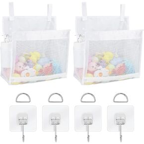 2 Pack Mesh Bath Toys Organizer, Kids Bathroom Toy Storage Holder with Hooks, Bottom Zipper Toy Bag for Bathtub (White)