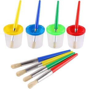 VEYLIN 4 Pcs Spill Proof Paint Cups and 4 Color Hog Bristle Paint Brushes with Handles for Kids