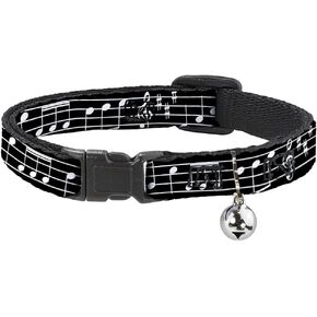 Cat Collar Breakaway Music Notes Black White 8 to 12 Inches 0.5 Inch Wide