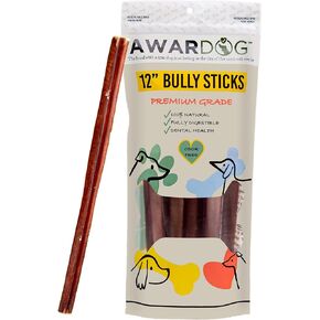Odor-Free Bully Sticks (12 Inch, 3 Pack Medium Thickness), Fully Digestible 100% Beef Pizzle Chews, Grass-Fed, Grain-Free, Natural Long-Lasting Chews for Small & Large Dogs -3 Count