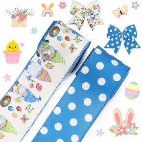 Hying 2 Rolls Easter Craft Ribbons for Wreath Bows, 2.5"×10 Yards Easter Gnomes Wired Edge Ribbons Blue Dots Burlap Ribbons for Crafting Easter Decorations Birthday Party Supplies