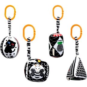 KAKIBLIN Baby Hanging Rattle Toys, 4 Pack Car Seat Stroller Toys Soft Squeaky Toys for Baby Newborn Infant Car Bed Travel Activity, Fruit