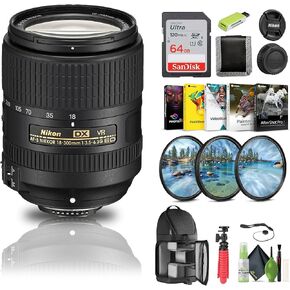 عدسة Nikon AF-S DX NIKKOR مقاس 18-300 مم وببؤرة f/3.5-6.3G ED VR (2216) + بطاقة ذاكرة سعة 64 جيجابايت + مجموعة مرشح + حقيبة ظهر + قارئ بطاقات + برنامج Corel للصور + حامل ثلاثي القوائم مرن + محفظة ذاكرة + حافظة للأغطية + مجموعة تنظيف in Kuwait