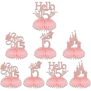 Double-sided Mis 15 Honeycomb Centerpieces, Princess 15th Birthday Decorations for Girls, Hello 15 Cheers to 15 Years Old Party Decor Supplies Rose Gold 8 Pcs