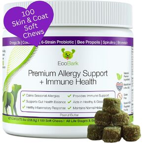 EcoBark Natural Dog Allergy & Immune Chews with Super Greens- Omega 3 Skin and Coat Supplements for Dogs - Gluten Free Probiotic Allergy Support & Relief for a Shiny Coat with Colostrum & Bee Propolis