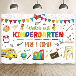 MEHOFOND 8x6ft Navy Blue Kindergarten Back to School Backdrop Kindergarten Here I Come Background First Day of Preschool Chalkboard Class Banner School Bus Ruler Blackboard Decor Photo Studio Props