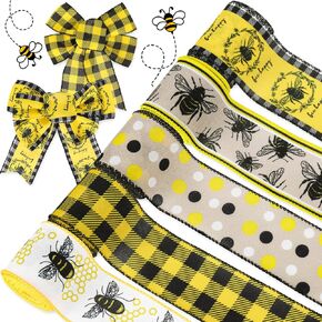 AnyDesign 30 Yards Bumble Bee Ribbon Summer Wired Edge Ribbon Honey Bee Wreath Ribbon Yellow Black Dots Plaid Craft Decorative Sewing DIY Fabric for Bow Gift Wrapping Birthday Bee Themed Party Decor
