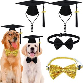 4 PCS Dog Graduation Outfit, Dog Graduation Cap with Black Tassels 2024 Charm Black Dog Bowtie Gold Dog Bow Tie Collar for Dogs (2 Graduation Cap & 2 Bow Tie)