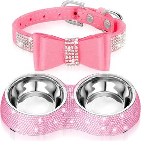 Gerrii 2 Pcs Pink Dog Cat Bowls and Small Puppy Adjustable Collar Set for Cat and Dog Bling Collar Rhinestones Stainless Steel Puppy Bowls(XS,Pink)