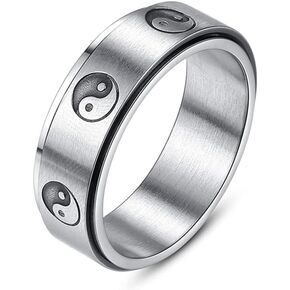 8MM Yin and Yang Fidget Spinner Rings for Men Women Stainless Steel Taichi Balance Mantra Black Ring