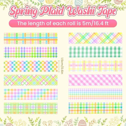 12 Rolls Spring Plaid Washi Tape Set, Colorful Grid Washi Masking Tapes Rainbow Buffalo Plaid Decorative Tape for DIY Craft Gift Wrapping Scrapbook Journal Planner Easter - 15 mm in Saudi Arabia