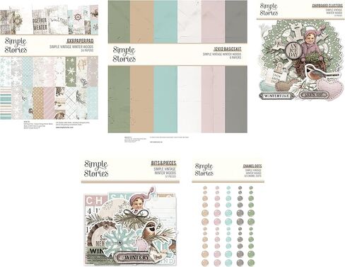 قصص بسيطة بسيطة عتيقة من الغابة الشتوية - حزمة مصمم صانع البطاقات مع وسادة ورقية مقاس 6 × 8؛ ورق تنسيق أساسي مقاس 12 × 12، ومجموعات من الألواح الخشبية، ونقاط وأجزاء من المينا in Kuwait
