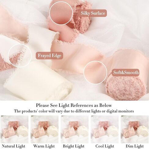 شريط من الساتان الحريري من Cekene مقاس 1-1/2 بوصة × 20 ياردة من الذهب الوردي والأبيض الكريمي شرائط متوترة مصنوعة يدويًا شريط قماش هامشي صلب لتغليف الهدايا وحفلات الزفاف وصناعة القوس، 4 لفات in Kuwait